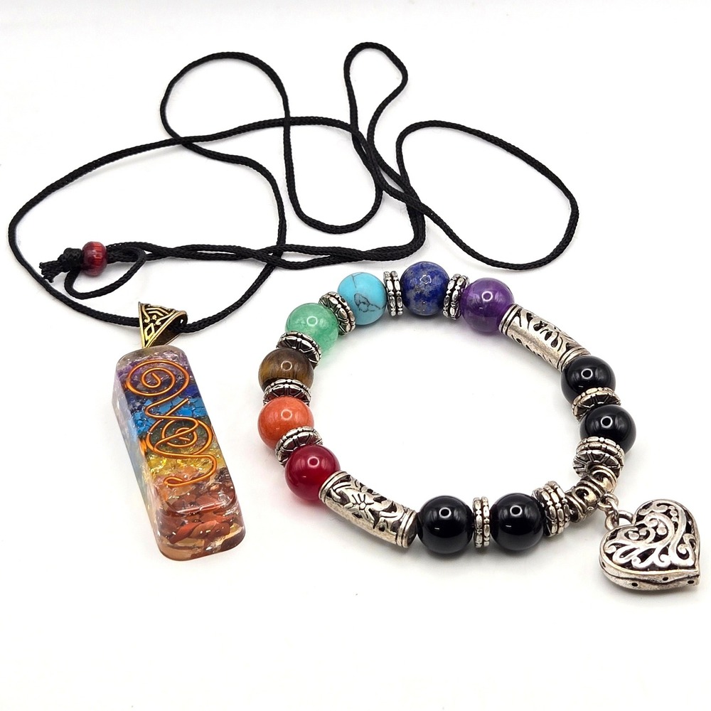Chakra Orgone Resin Pendant Necklace and Gemstone Beaded Heart Bracelet‎ Set